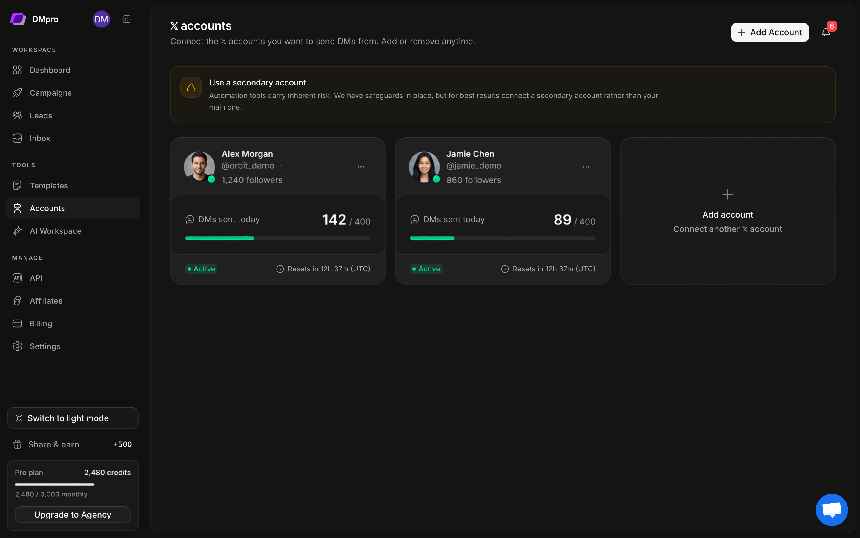 Connected X account cards showing handles, actions menus, Active status, and daily DM usage