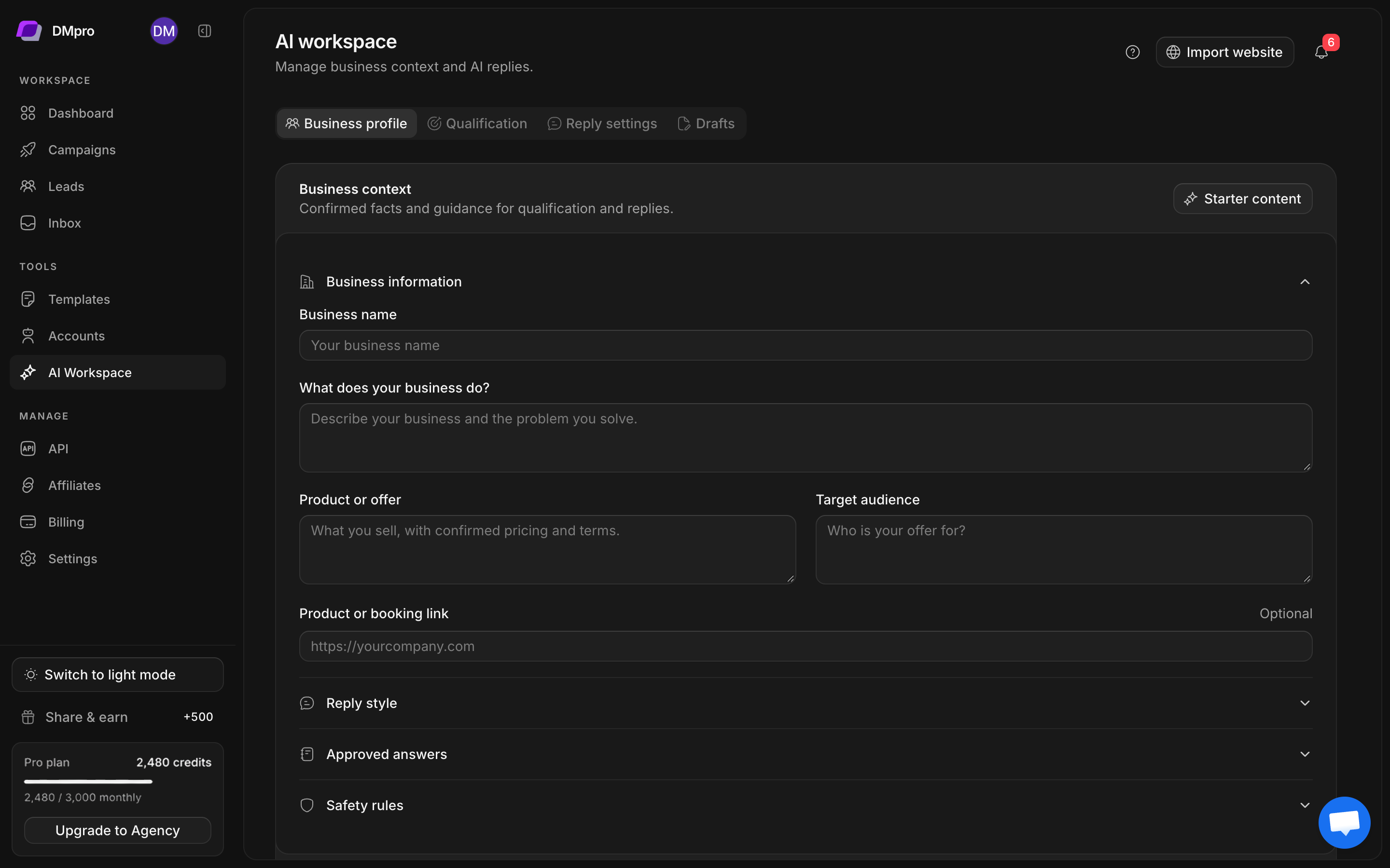 AI Workspace Business profile section with business context and setup controls