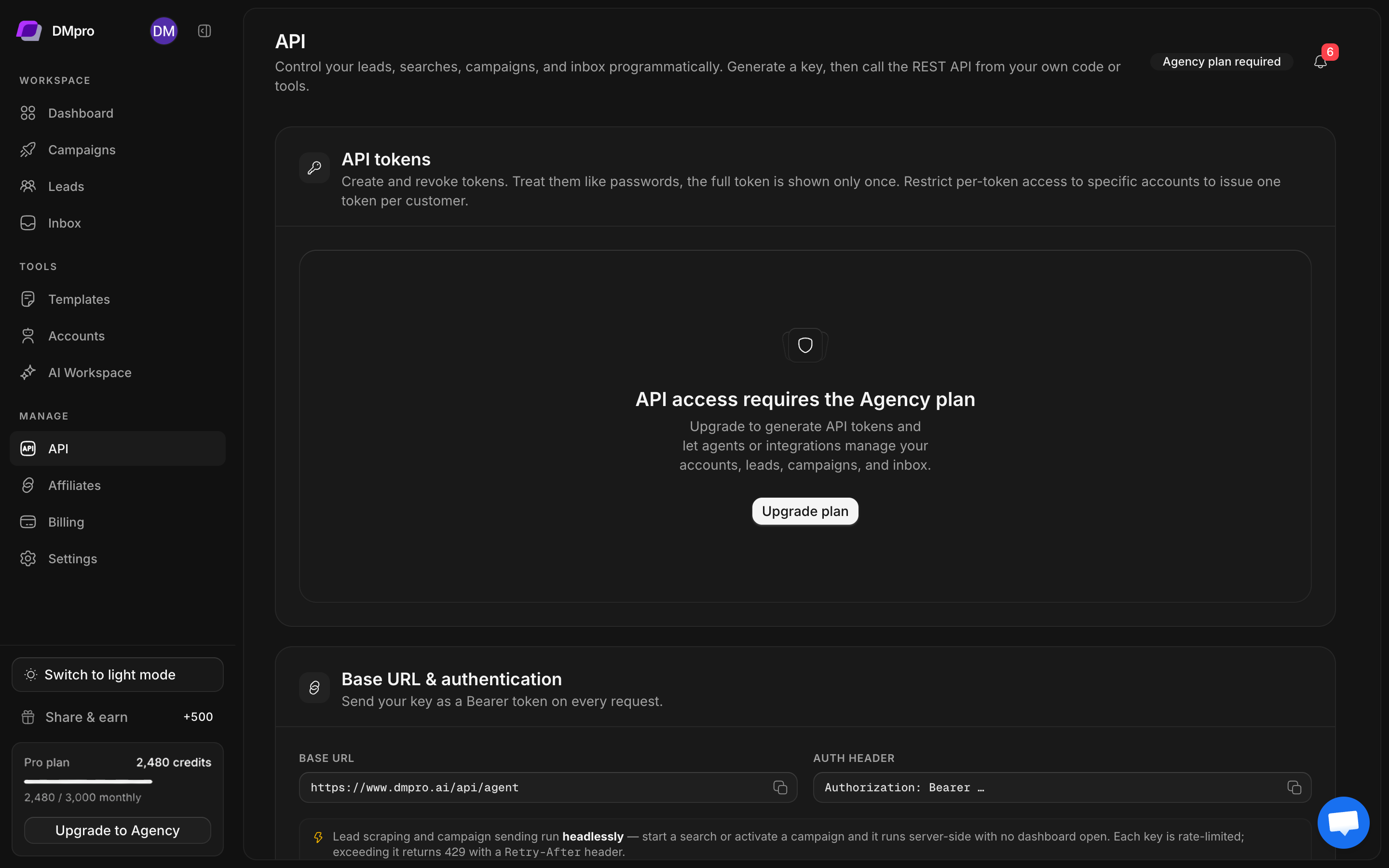 API workspace page with token-access information and API authentication instructions