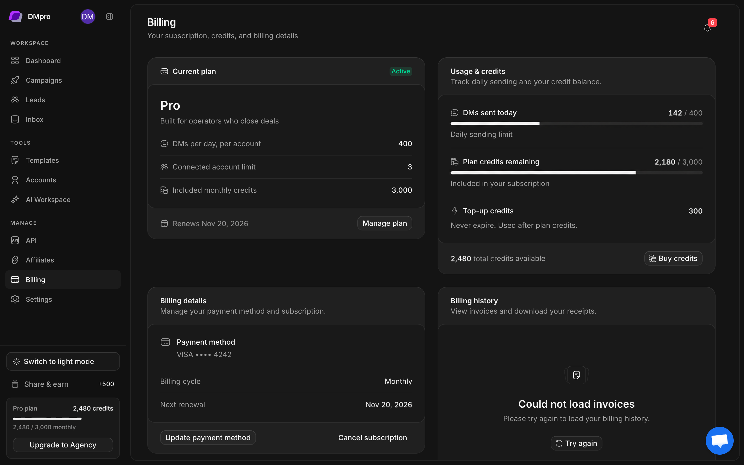 Billing page showing the current plan, account allowance, daily sending, and credit balances
