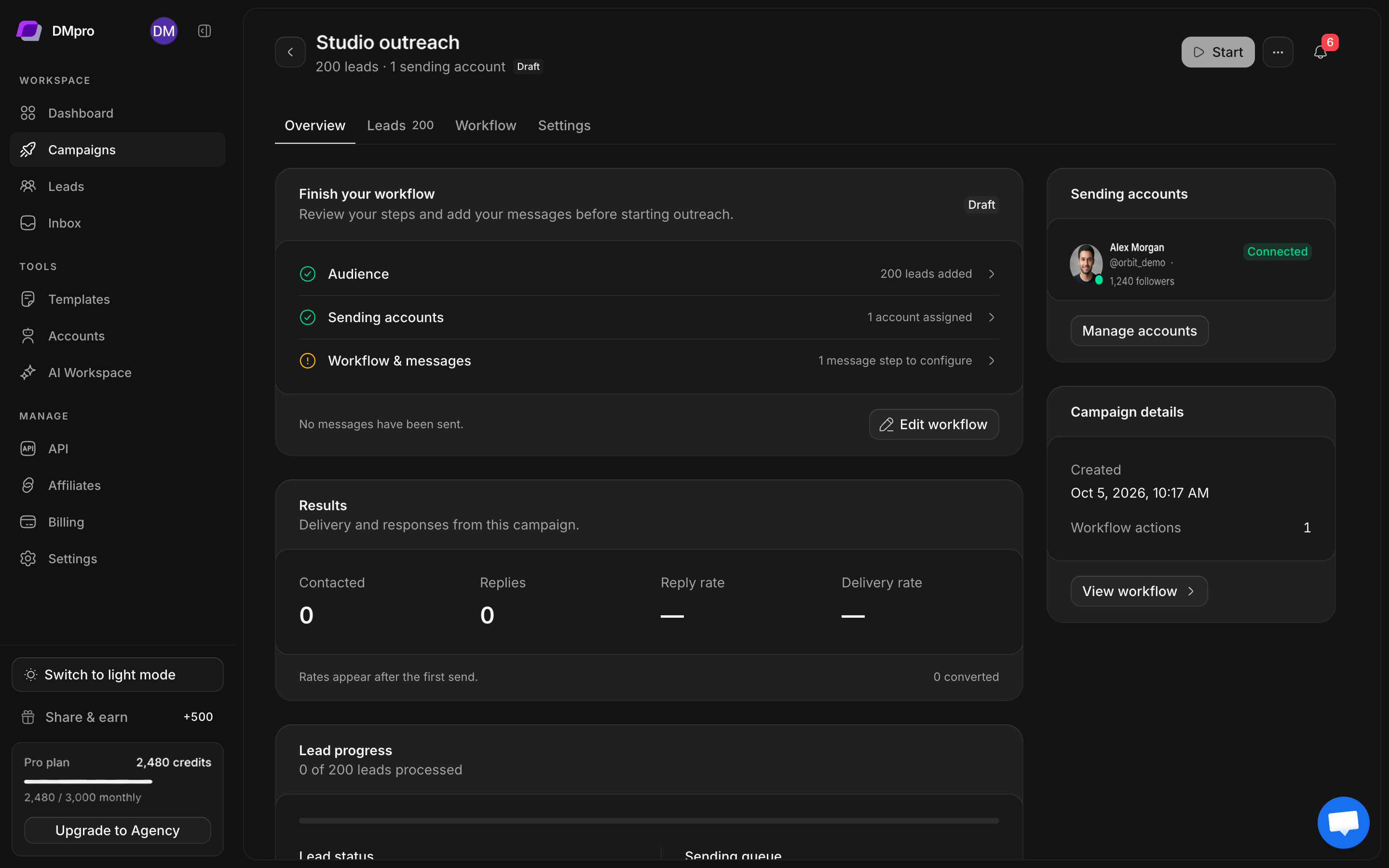 Draft campaign overview showing workflow readiness, lead status, sending queue, and account context