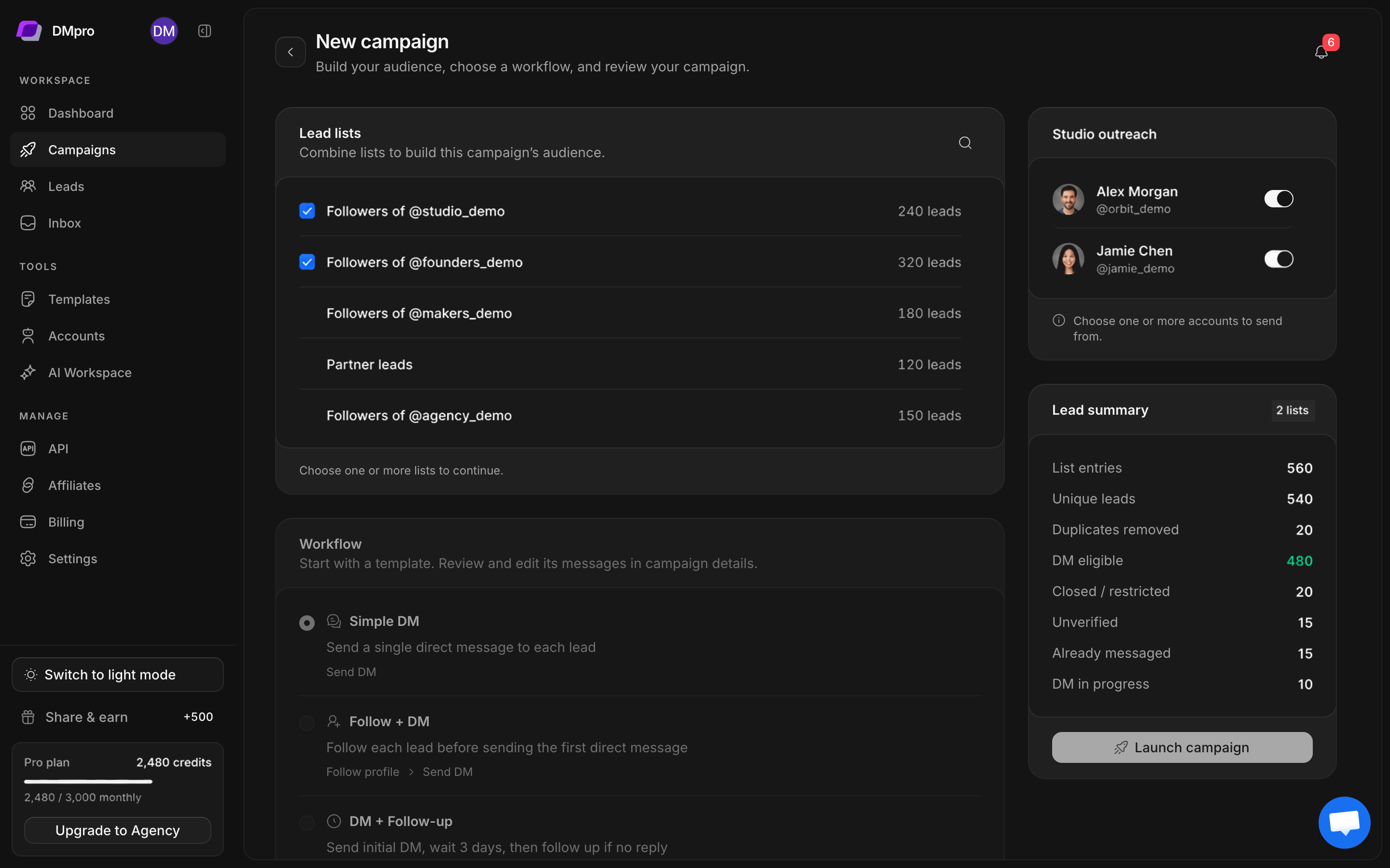 New campaign setup with campaign details, sending accounts, lead lists, and workflow template selection