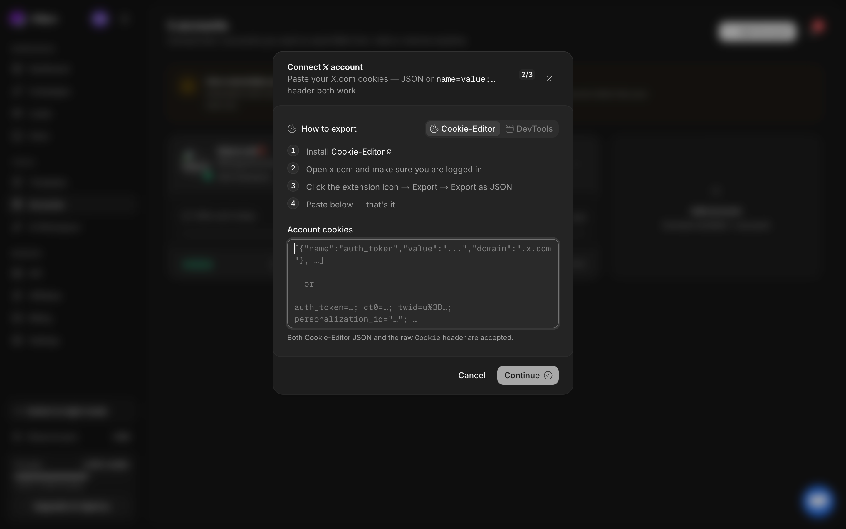 Connect X account dialog with Cookie-Editor instructions, Account cookies field, and Continue button