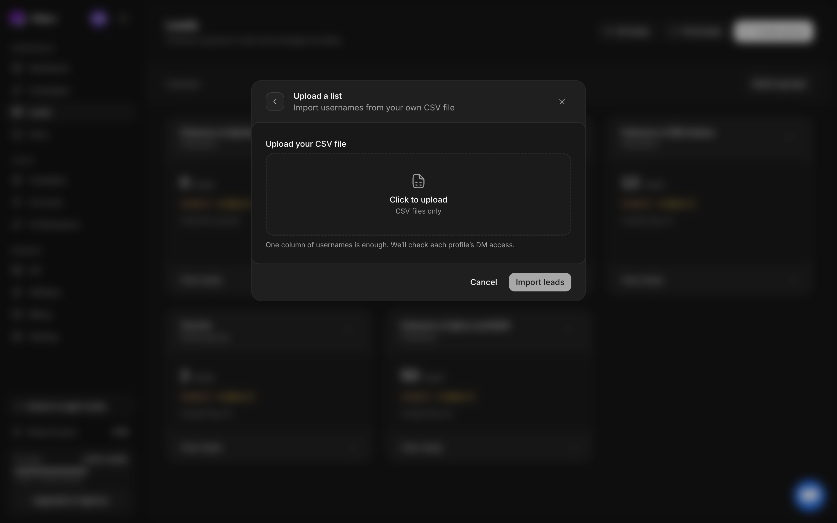 Upload a list dialog with CSV file picker and Import leads button