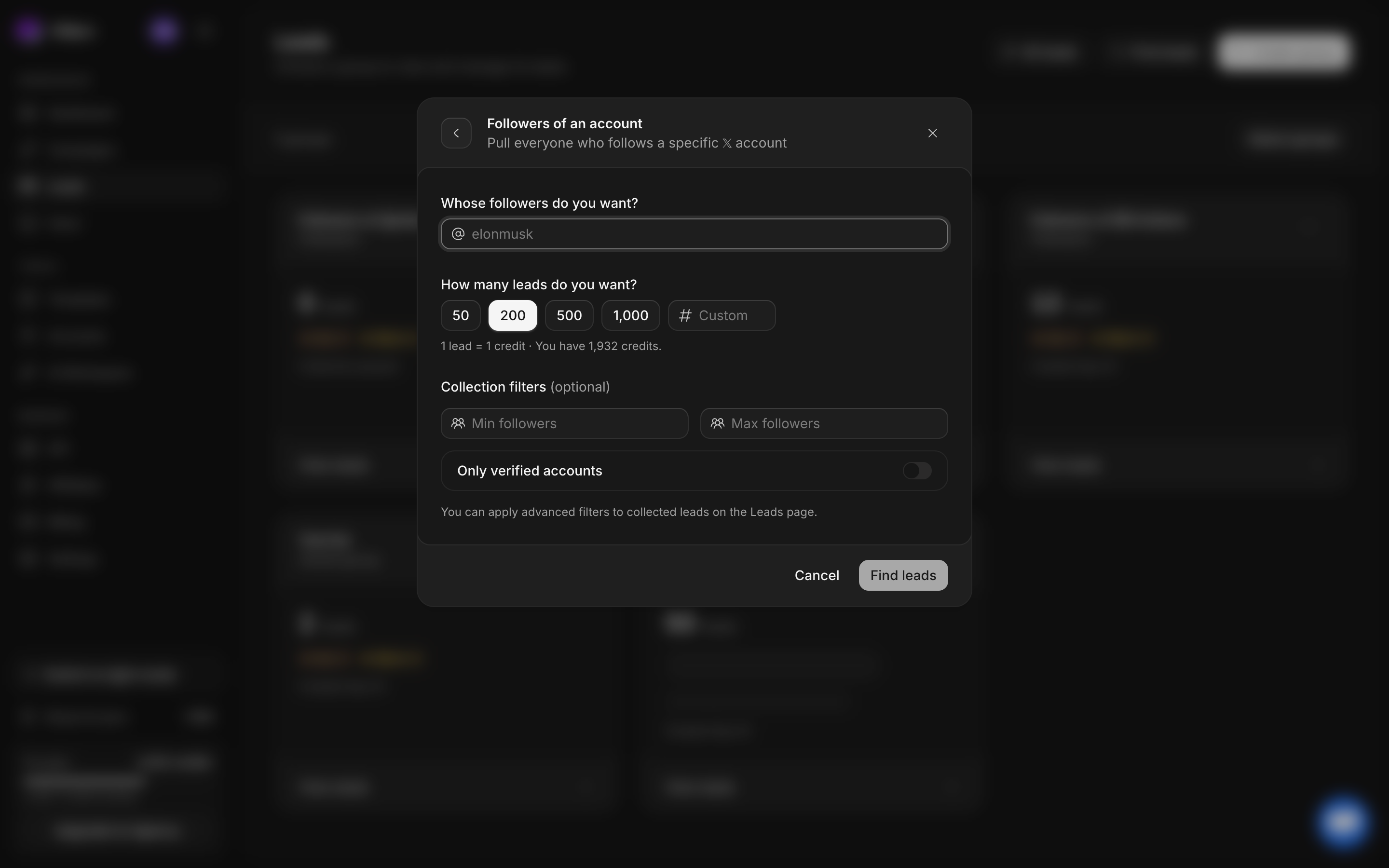 Follower search configuration with target handle, collection limit, and filter controls