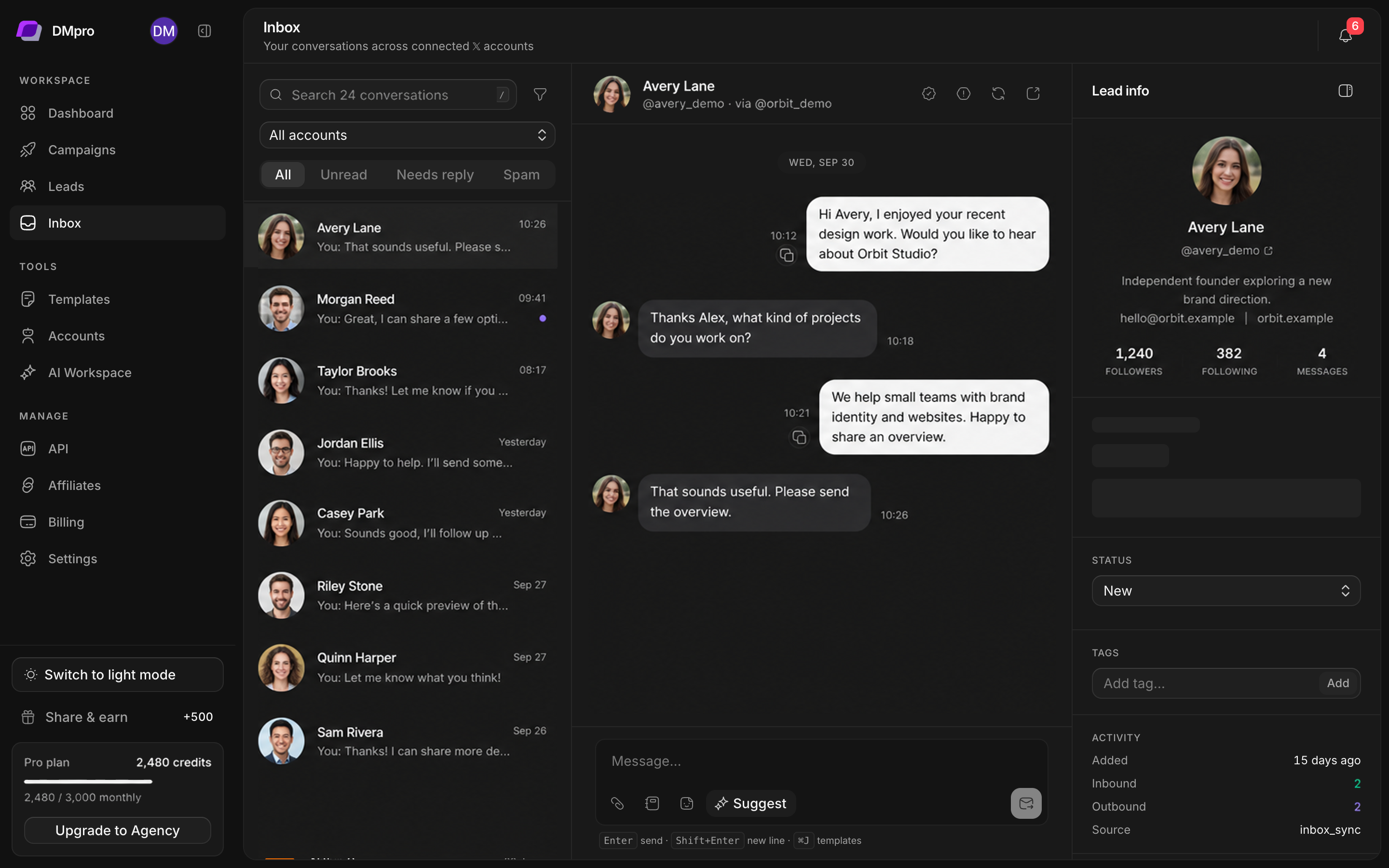 DMpro inbox with account controls, conversation list, and message area