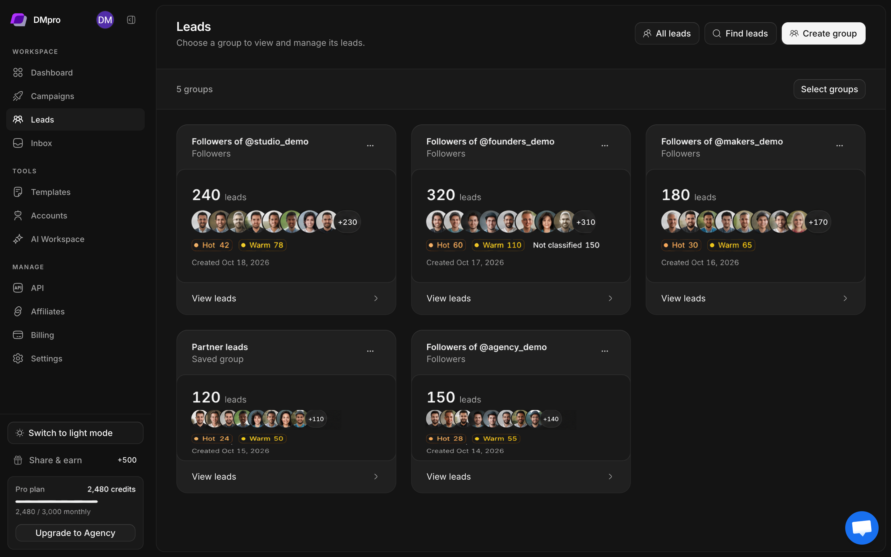 Leads page showing group cards, Find leads, Create group, and All leads