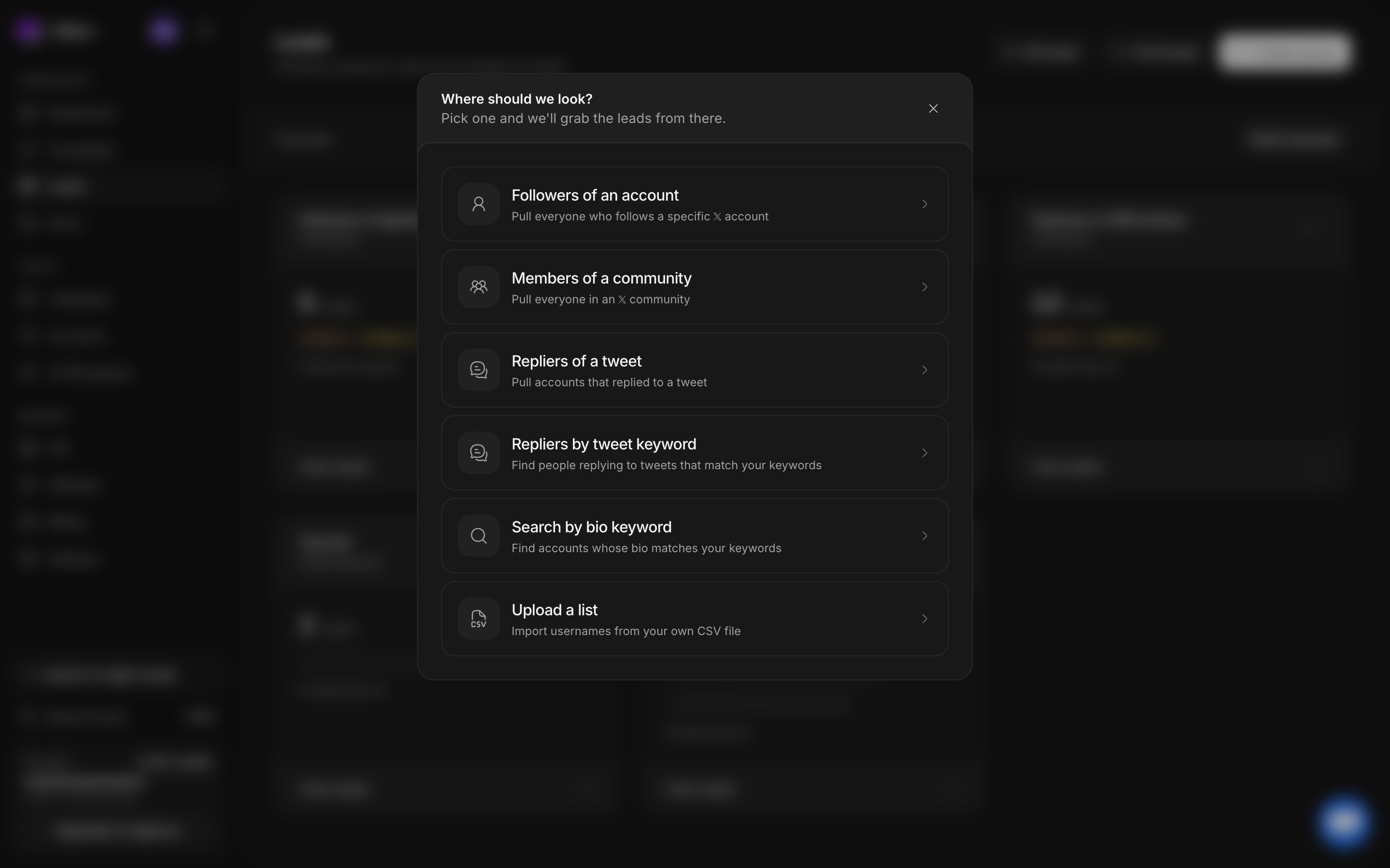 Where should we look dialog with six lead sources