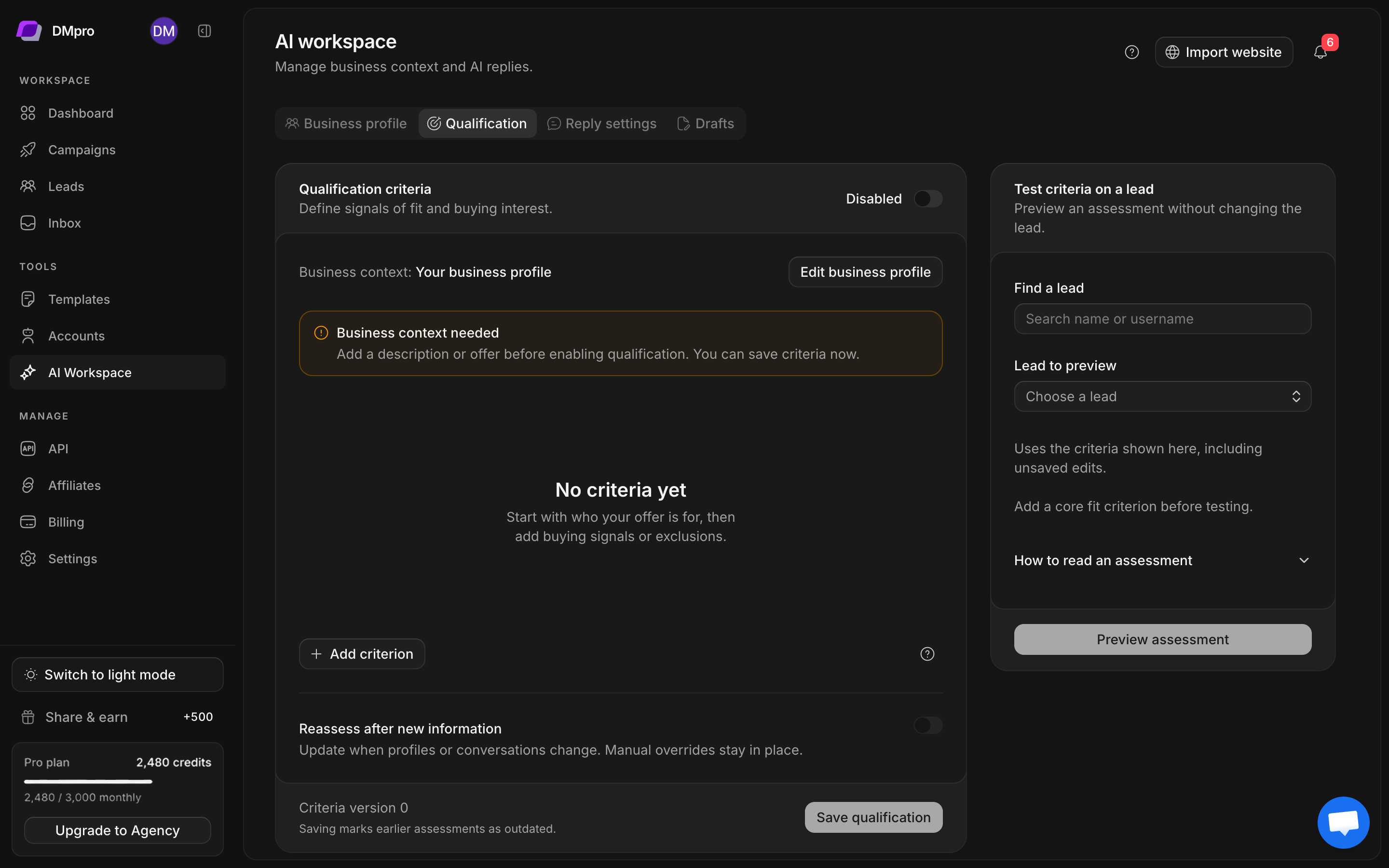 Qualification settings with enable control, criteria editor, and lead assessment preview