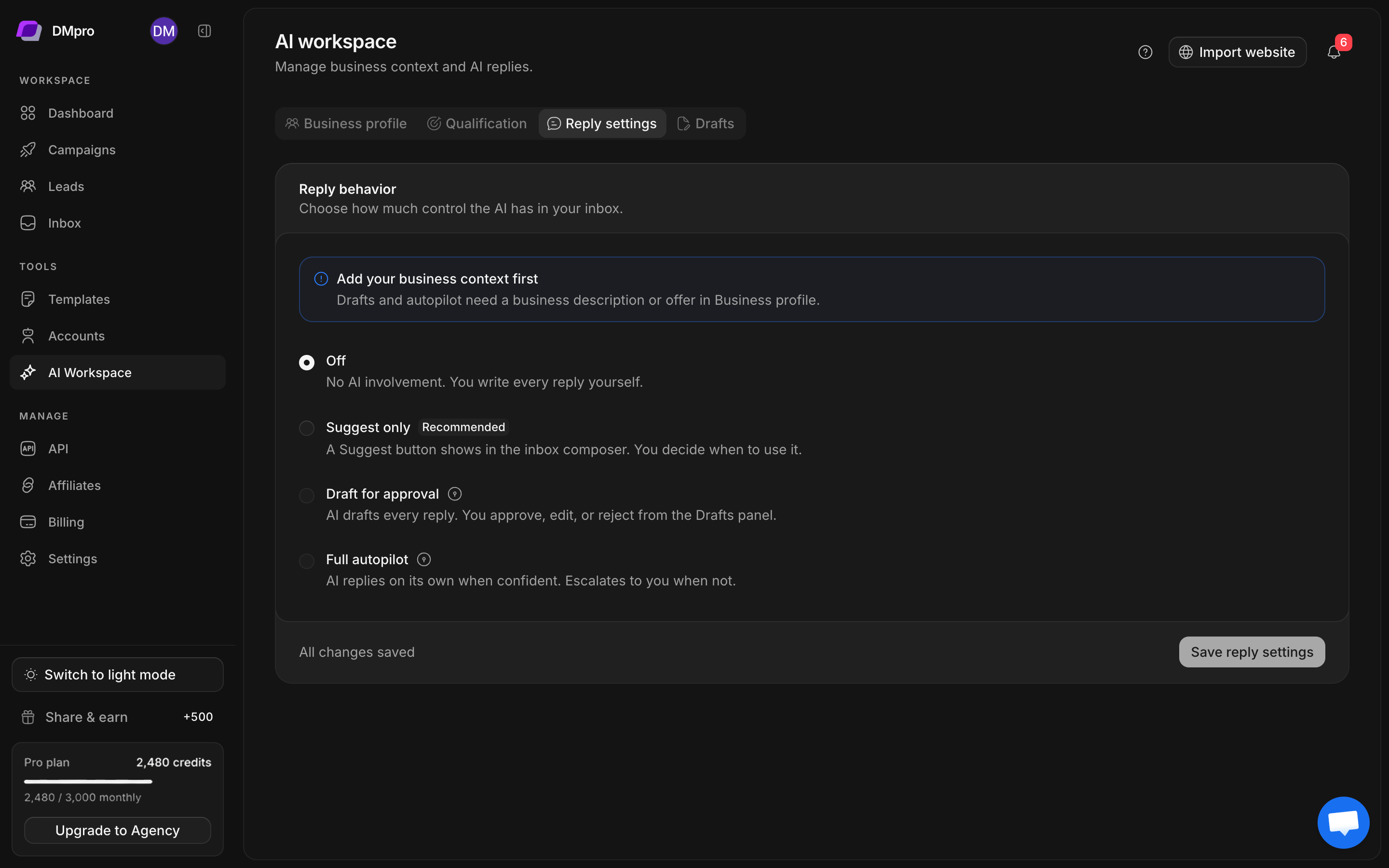 AI Reply settings with Off, Suggest only, Draft for approval, and Full autopilot modes