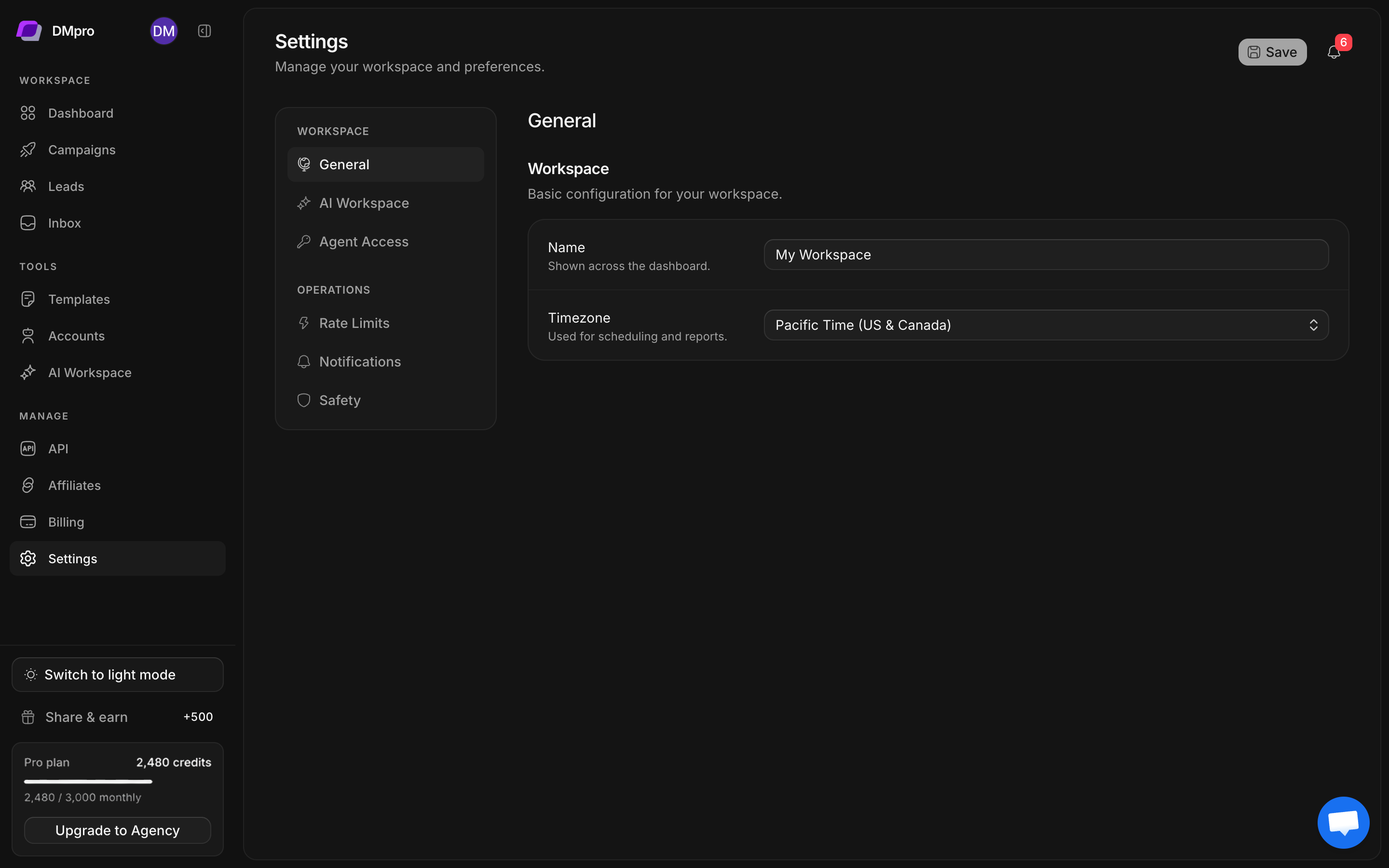 Settings page with section navigation, workspace name, timezone, and Save action