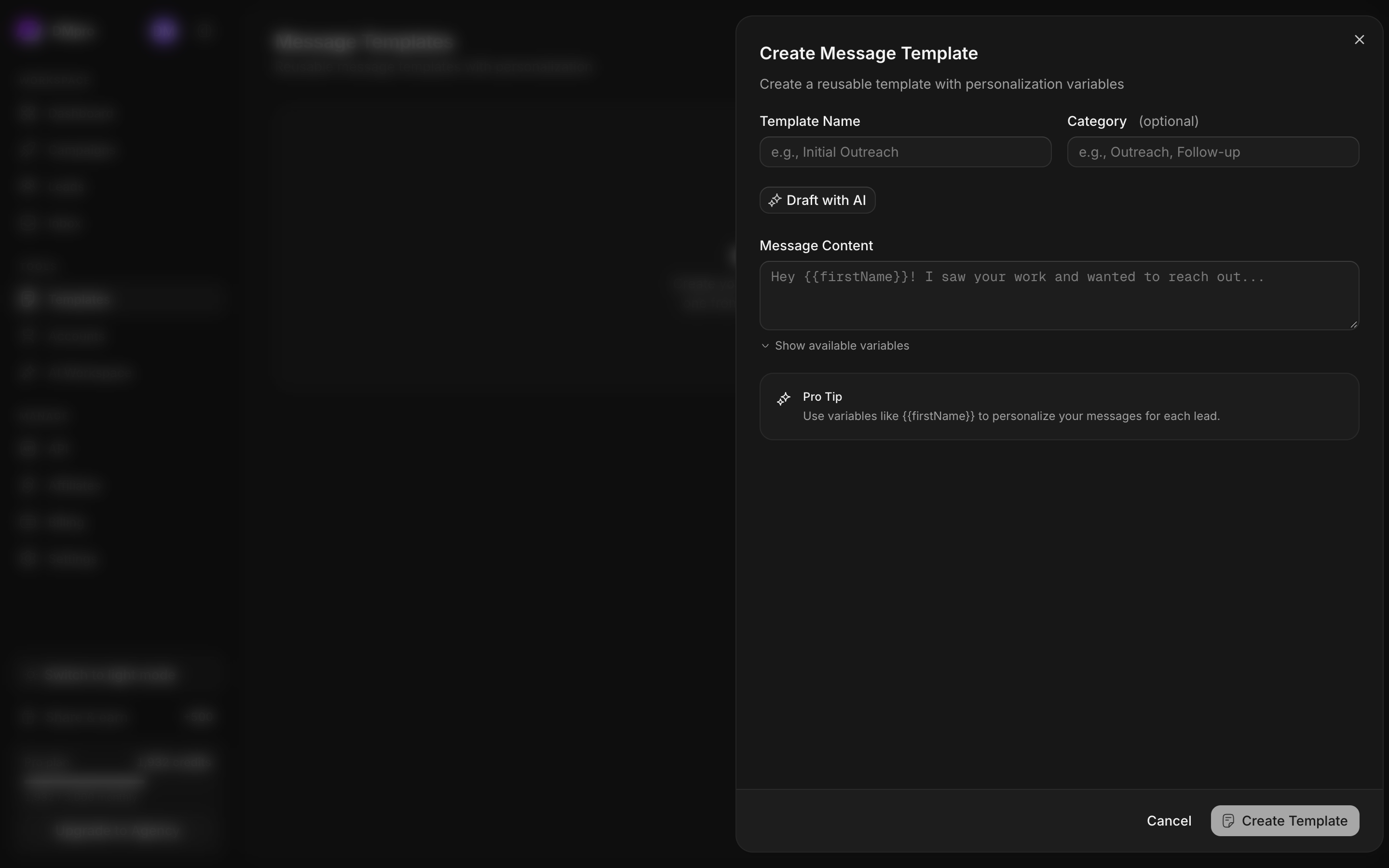 Create Message Template drawer with name, category, AI assistance, and message editor