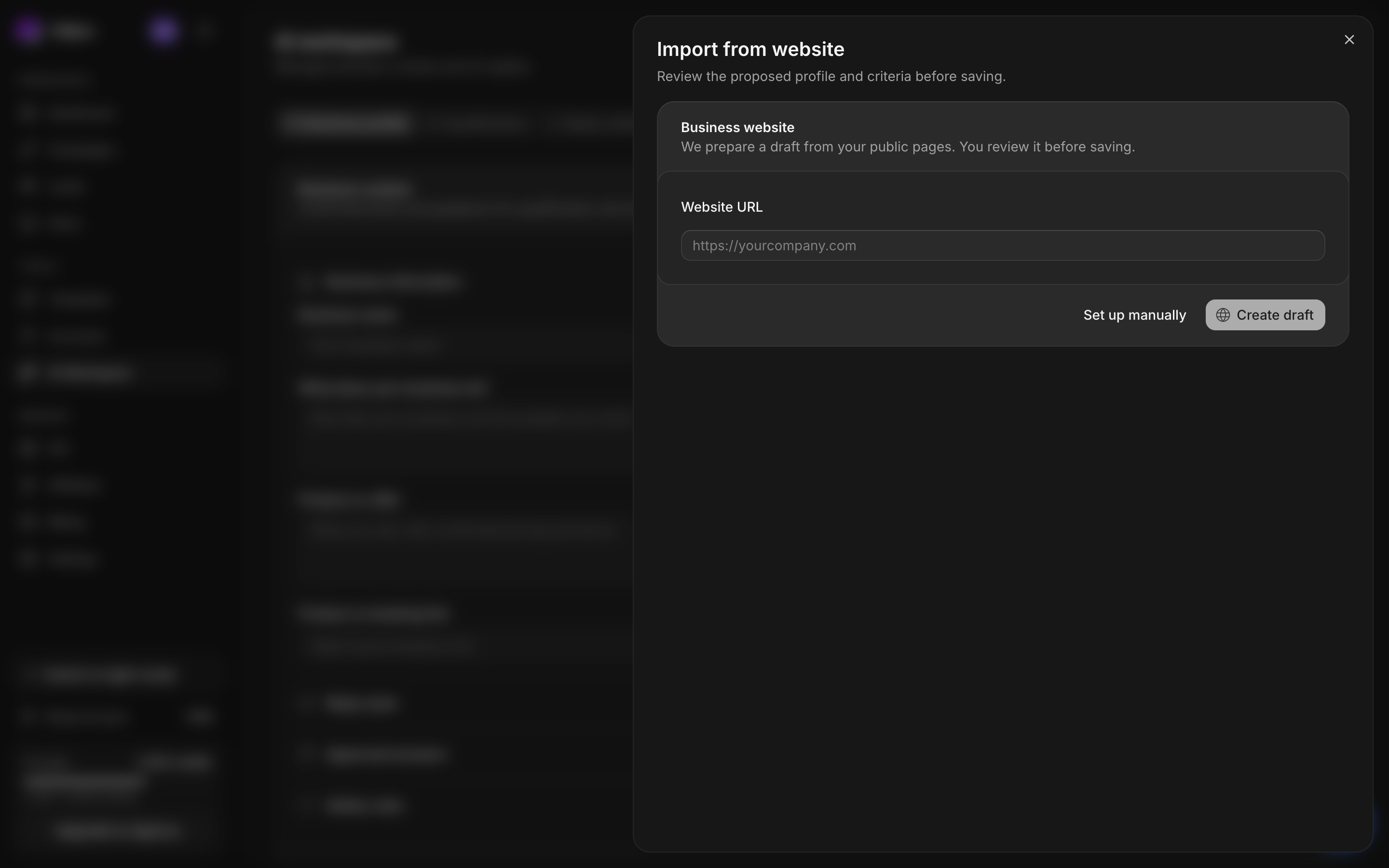 Import from website drawer asking for a public website URL and offering manual setup