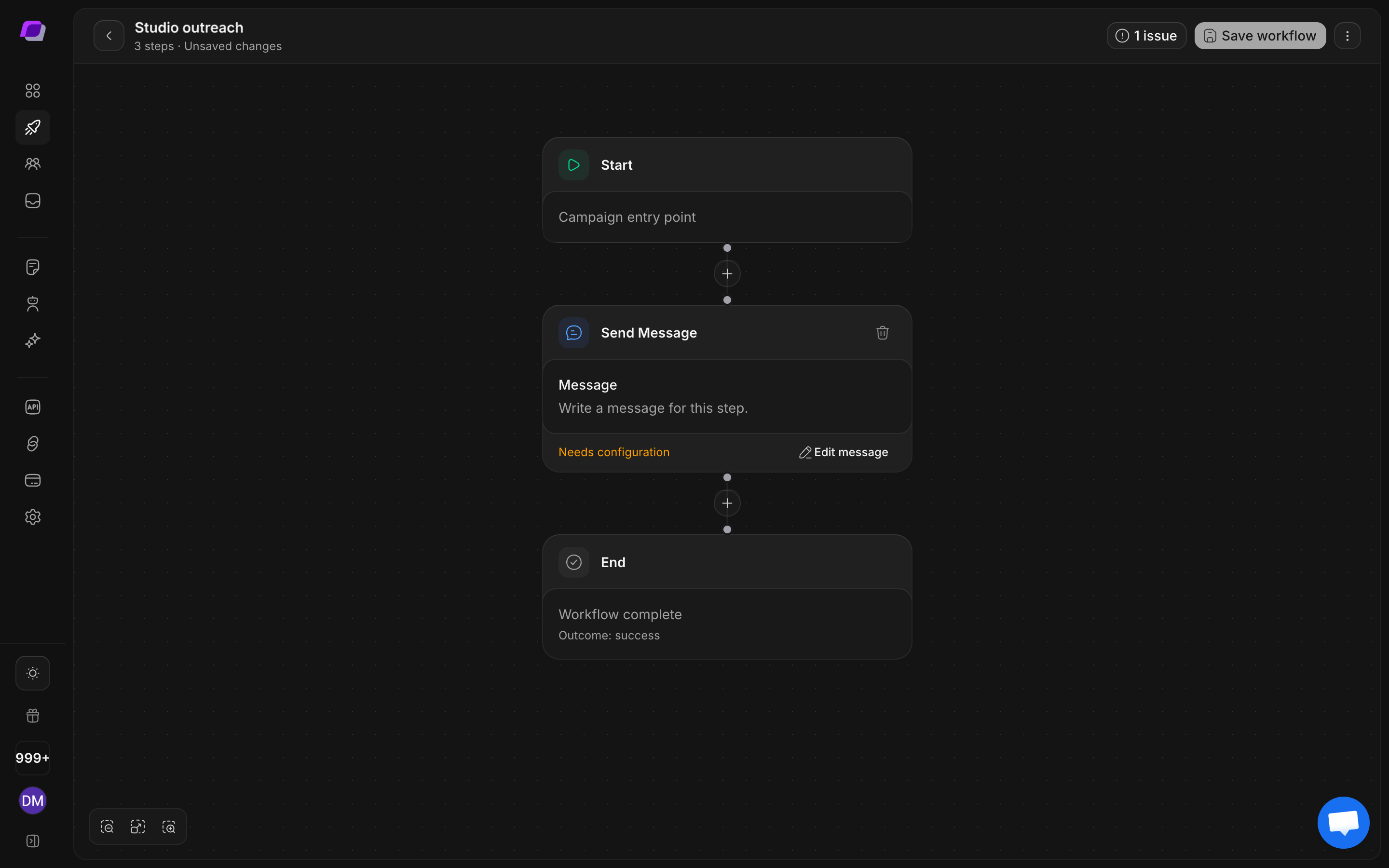 DMpro visual workflow editor with connected steps, Save workflow, and canvas view controls